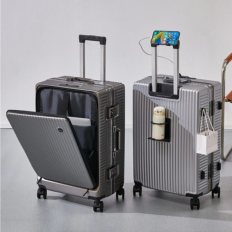 

Front Opening Lid Multifunctional Suitcase Aluminum Frame Travel Suitcase Large Capacity 20/22/24/26 Password Rolling Suitcase