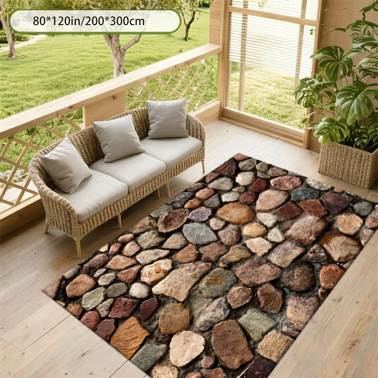 ARetro Cobblestone Stone Print Decor Rug, Realistic Floor Mat for Patio, Garden, Balcony, Outdoor Indoor Home Decor