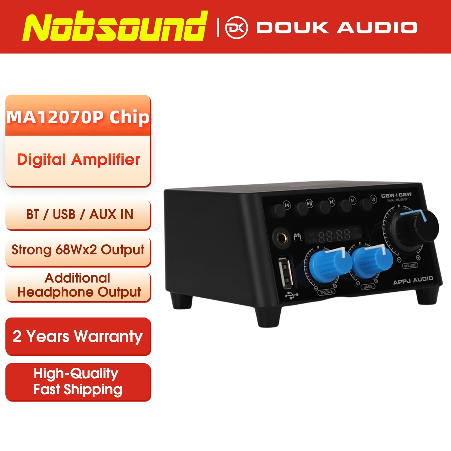 

Hi-Fi Bluetooth-приемник, стереоусилитель мощности, USB-плеер, усилитель для наушников 68 Вт + 68 Вт с управлением высокими басами