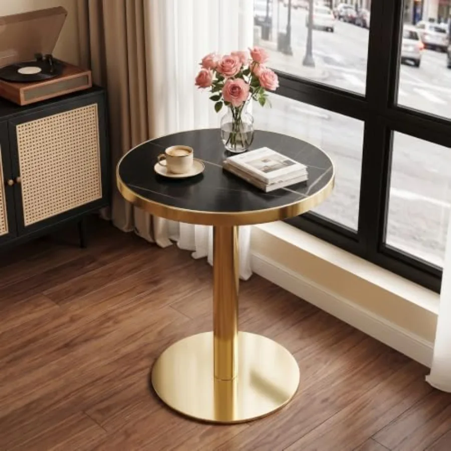 23.6 Small Round Dining Table for 2, Circle Tulip Table, Faux Marble Top with Gold Metal Pedestal Base, Modern Leisure Coffee T
