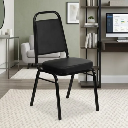 

Multipurpose Stacking Banquet Chair with Padded Seat, Trapezoidal Back, Stackable Vinyl Chair, Black