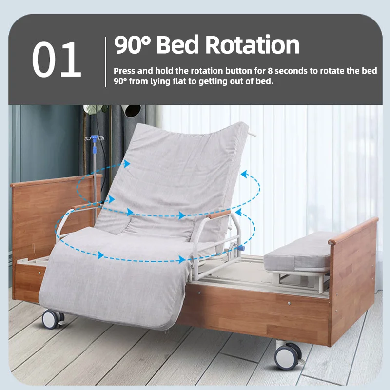 سرير رضاعة خشبي فاخر قابل للتعديل للعناية بالمريض المنزلي لكبار السن 5 وظيفة سرير مستشفى طبي كهربائي أوتوماتيكي دوار #2