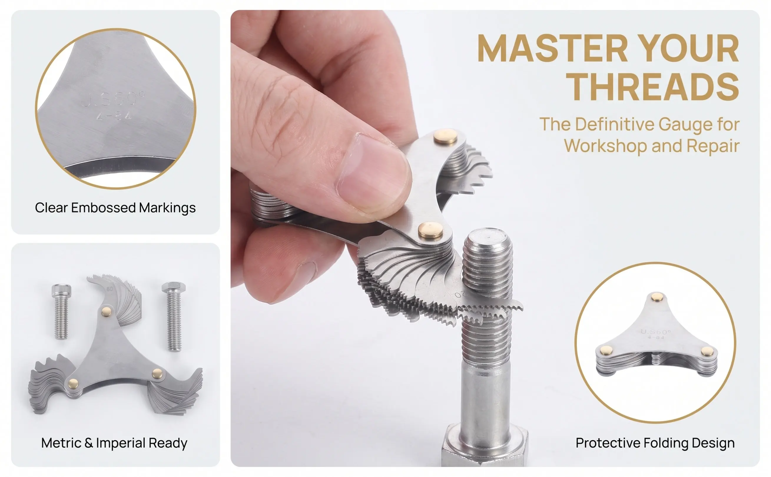 Heavy-Duty Stainless Thread Gauge with Clear Embossed Digital Markings Easy-Read Toothed Edges for Fine Coarse Thread Pitch