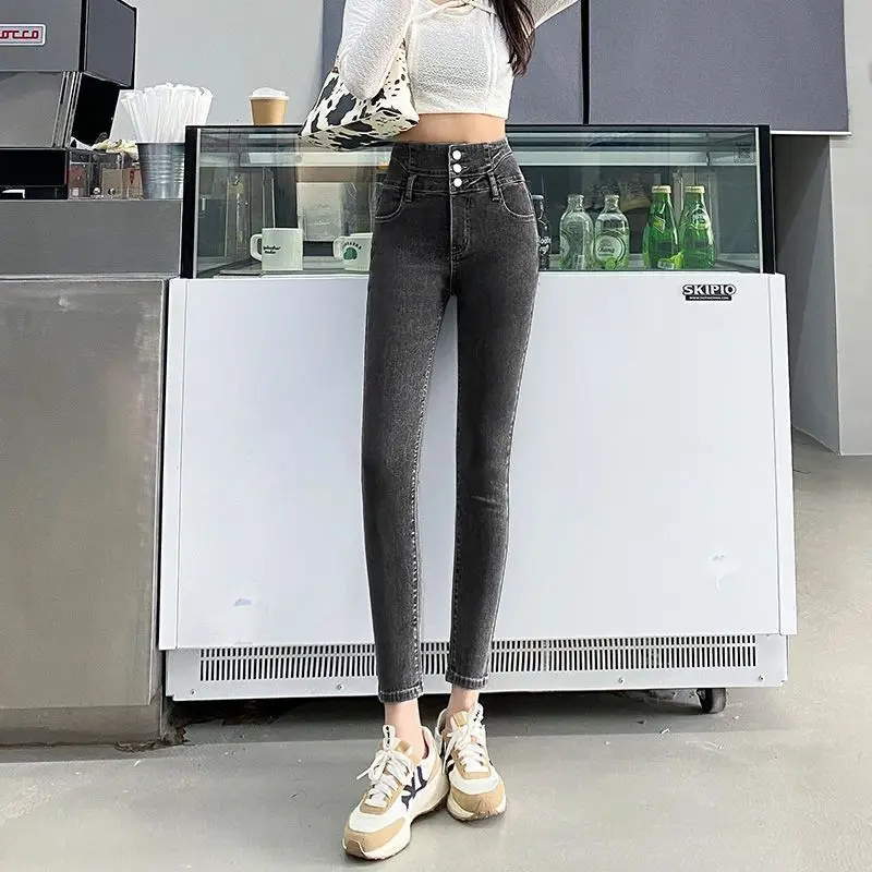 Blue Black Women Jeans 2023 Autumn Elastic Pencil Trousers High Waist Ladies Tight Clothing Slim Fit Casual Skinny Denim Pants