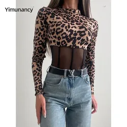 Yimunancy Leopard Print Women Mesh Bodycorn Bodysuit Long Sleeve Sexy Bodysuit Stand Colloar Body Femme