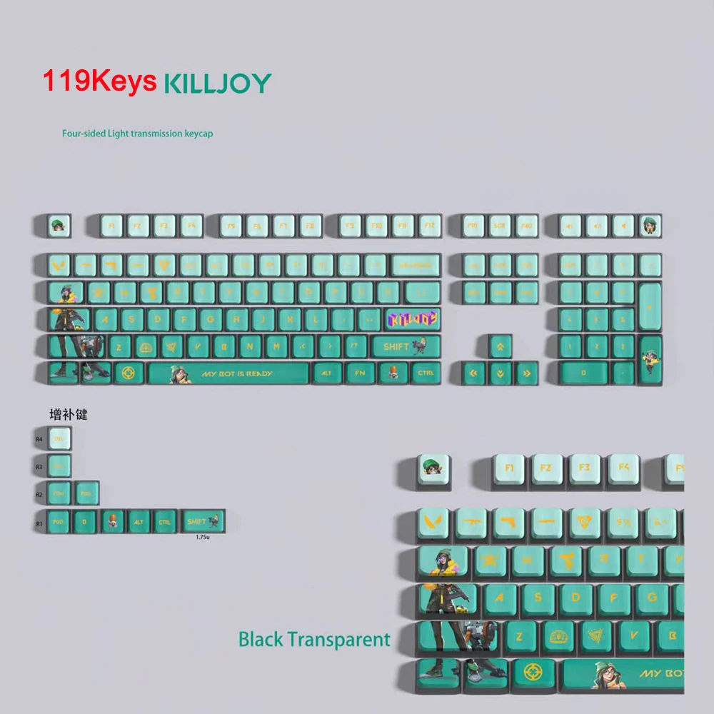 

VALORANT keycaps 119 keys full set ASA Profile PBT dye sub keycaps Pdding Cypher Neon Killjoy keycaps Light Translucent support