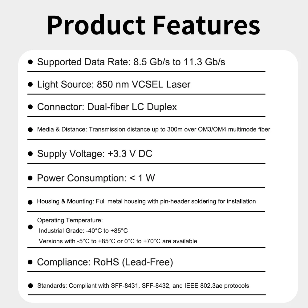 10GbE Optical SFP Module for High-Definition Visual Millimeter-Wave Radar in Vehicles 16-Pin Solder Pin Type