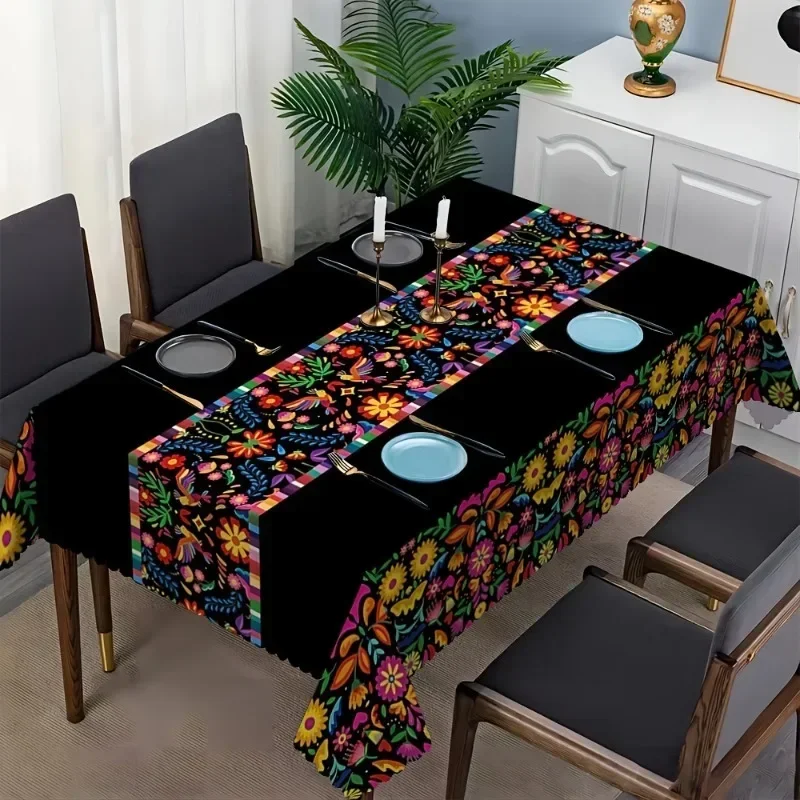 1pc Vibrant Mexican Festival Floral Print Rectangular Tablecloth with Colorful Flowers and Butterfly Patterns Design Yzb