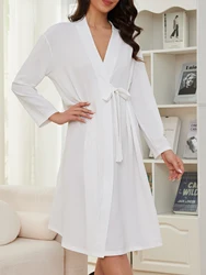 Women Pajamas Robes Night Gown Medium Length White TAT Long Sleeve Summer Spring Autumn Sleepwear Sleep Gown Casual Loungewear