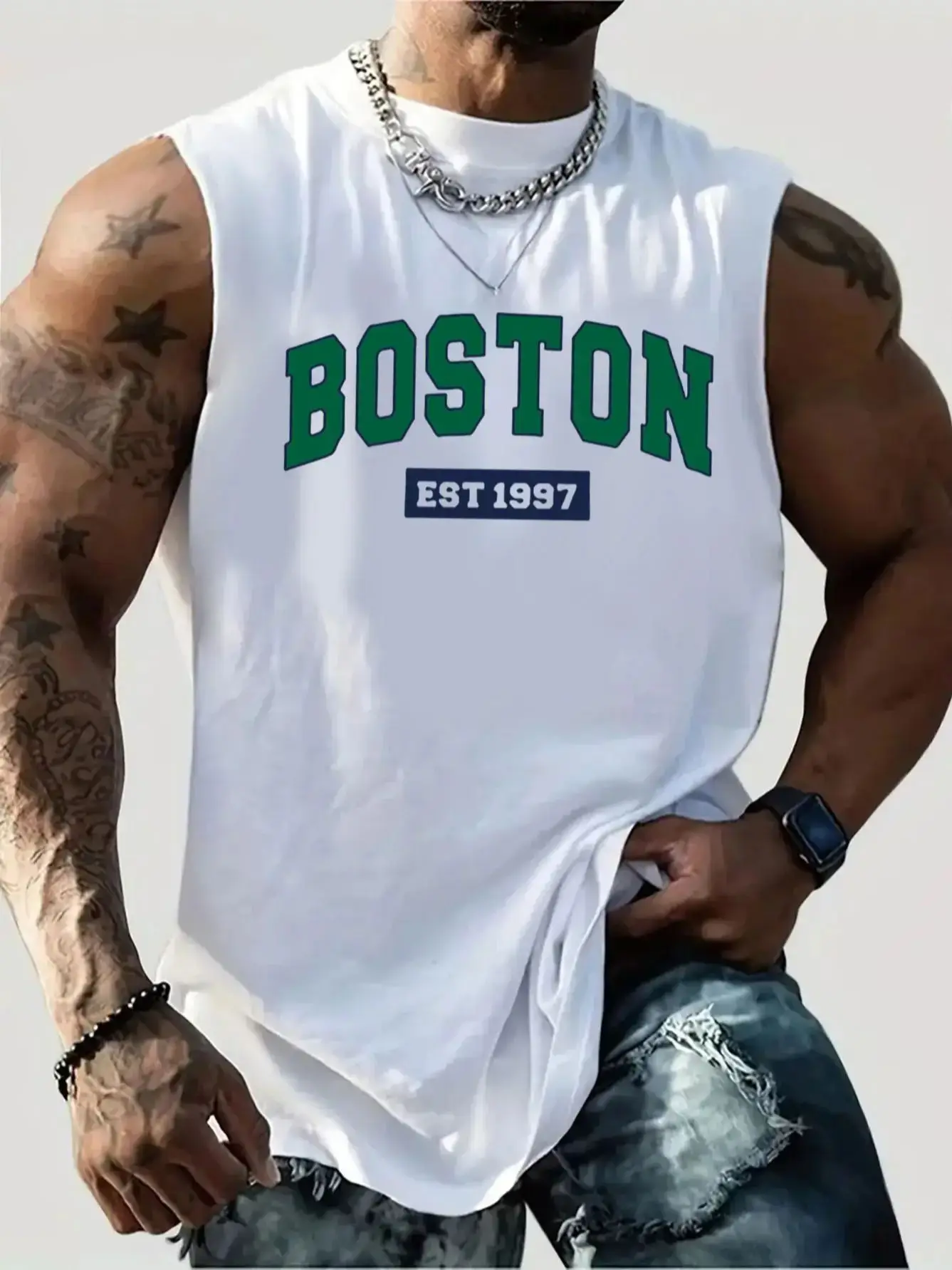 Hommes mode d'été sport décontracté lâche Boston EST 1997 imprimé confortable respirant T-shirt col rond gilet sans manches