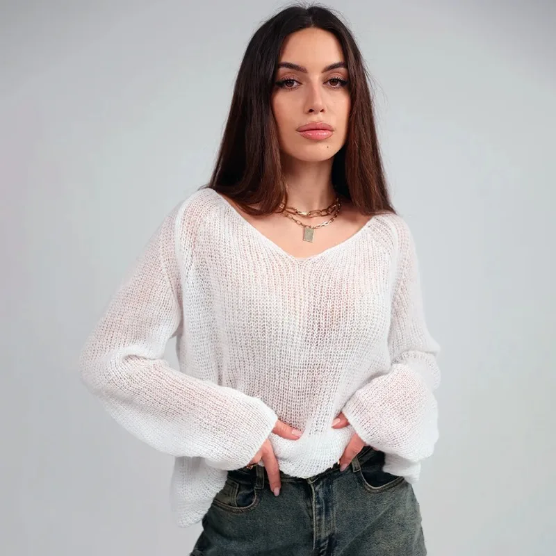 Tuularose Women V-Neck Pullover Fashion Solid See-Through Lace-Up Sexy Pullover Summer Beach Vacation Casual Cover-Up Female Top