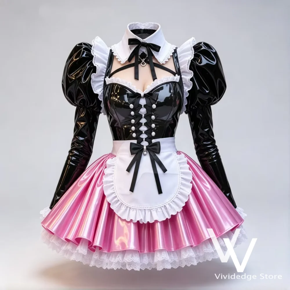 Schwarz-rosa glänzendes Dienstmädchen-Ballkleid mit langen Puffärmeln, Spitze, Rüschen, Schürze, Korsett, Minikleid, Kostüm für besondere Anlässe, maßgeschneidert