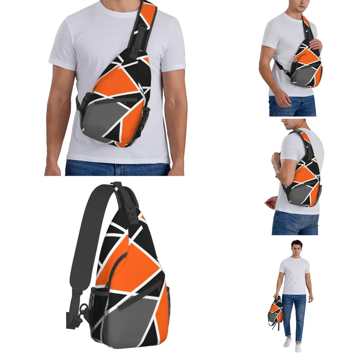 Geometric Modern Crossbody Sling Bag Small Chest Bag Orange Mondrian Art Shoulder Backpack Daypack Travel Hiking Camping Satchel