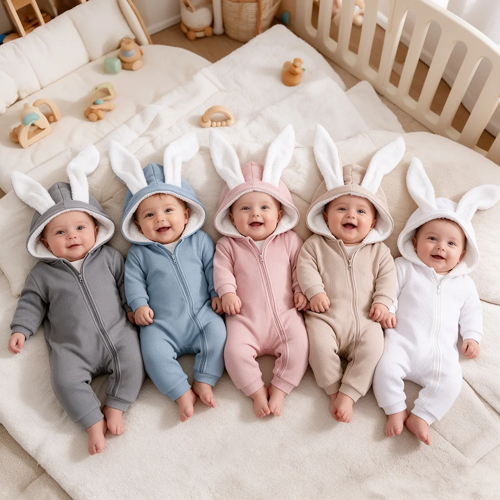 Cute Bunny Ear Newborn Baby Rompers Winter Hooded Outfits Fleece Cotton Baby Clothes New Born Boys Girls Bodysuit Baby Clothing