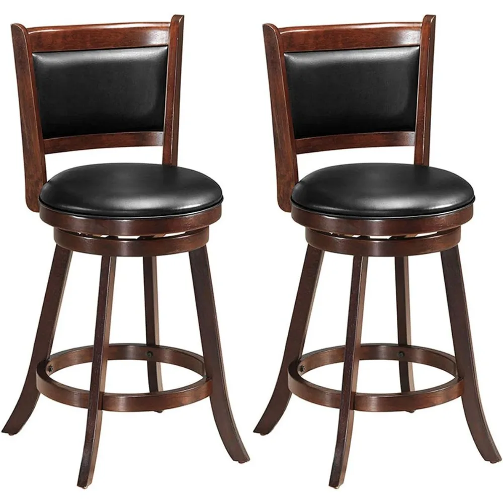 Bar Stools Set of 2, 360 Degree Swivel, Accent Wooden Swivel Seat Counter Height Bar Stool, Leather Upholstered Design