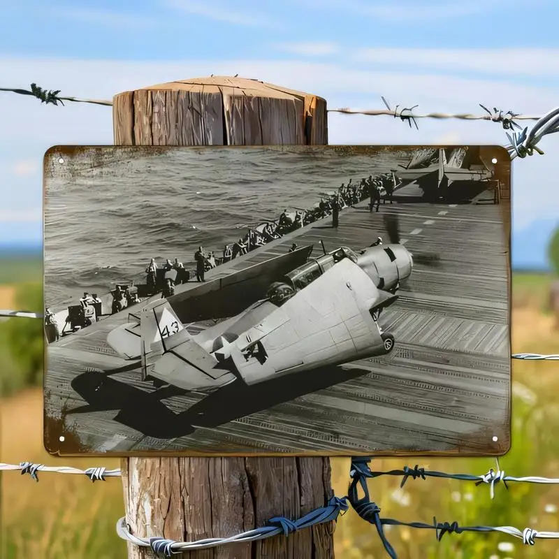 Vintage Black & White WWII Aircraft Carrier Plane Metal Sign - Retro Military Iron Wall Art, Perfect for Military Enthusiasts, M