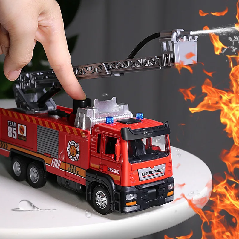 مركبة إنقاذ من الحرائق لرش الماء، ضوء الصوت، محاكاة متحركة، قطار إنقاذ السيارة على السلم السحابي، لعبة أطفال، XT188