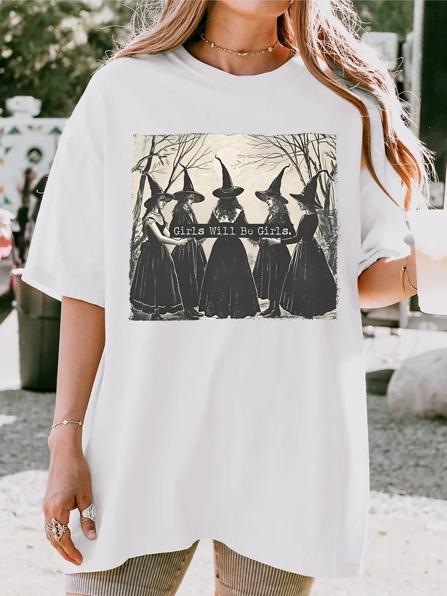 Halloween Vintage Girls Will Be Girls Witch Comfort Shirt WomenFunny Ghost Tee Gift Loose For Unisex Y2K Tee Streetwear Hip Hop