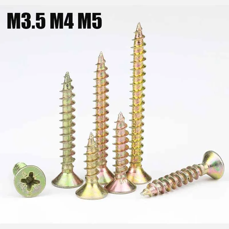 

M3.5 M4 M5 Yellow Zinc Plated Flat Head Self Tapping Wood Screw Cross Recessed Fibreboard Screw for Chipboard 360/420pcs/Box