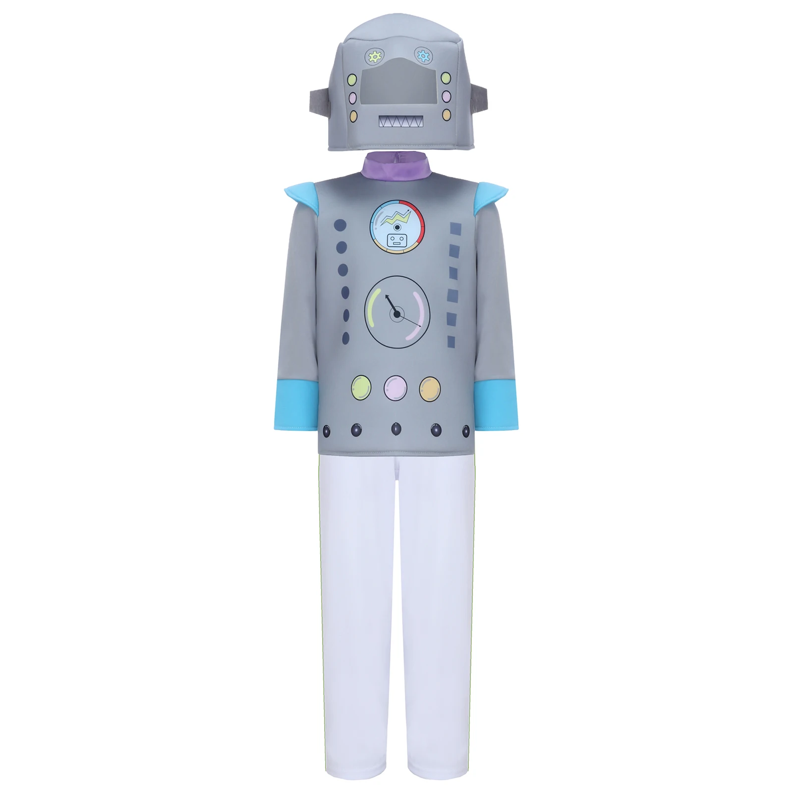 زي روبوت للأطفال التنكري بأكمام طويلة، قميص مطبوع ملون مع بنطال، أغطية رأس روبوتات لطيفة، ملابس حفلات الهالوين
