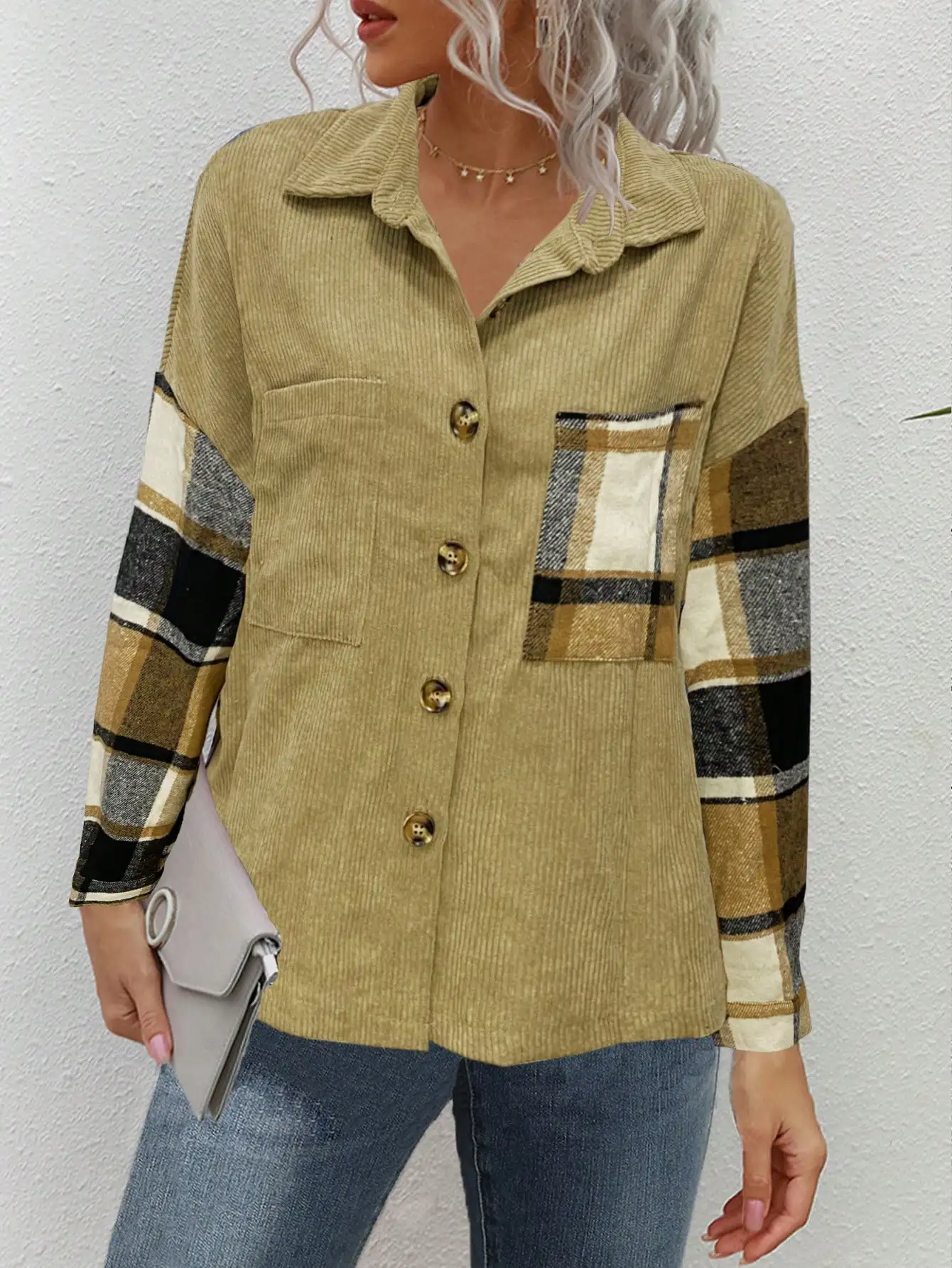 

Women's Retro Corduroy Patchwork Plaid Shirt Color-blocking Design Long-sleeve Patchwork Top Niche Fashion