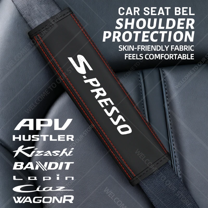 

2Pcs For Ciaz Kizashi Lapin Hustler Bandit APV Wagon R Emblem Logo Leather Car Safety Belt Shoulder Cover Pads Interior
