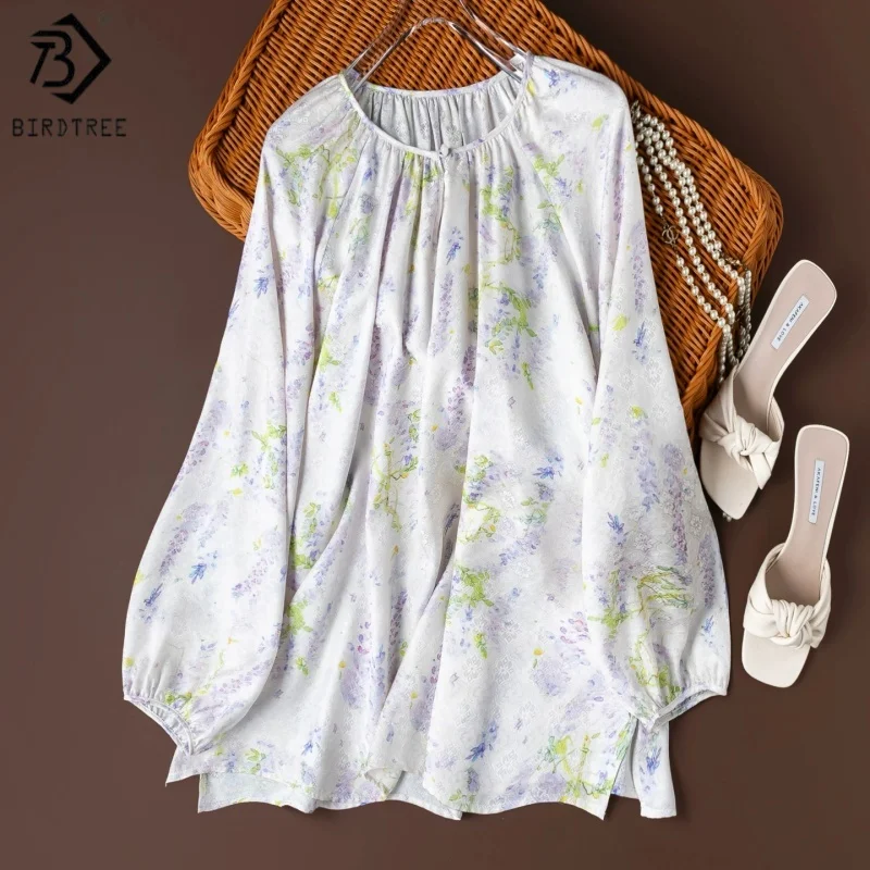Birdtree, 100% Silk Jacquard Tshirt, O-neck Full Sleeve Tops, Women Gold Thread Woven Full-hole Luo Shirt, 2026 New T66904JF