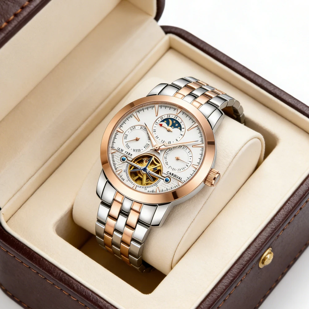 Carnival Brand Fashion Tourbillon Watch Men Stainless Steel Luxury Automatic Mechanical Wristwatch Luminous Military Clock Male