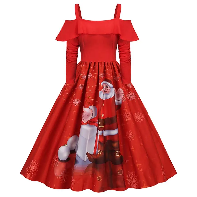 Slash Neck Elegant Christmas Party Dress Women Long Sleeve Spaghetti Strap Ruffles Xmas Evening Costume Midi Sundres Tunic S~3XL