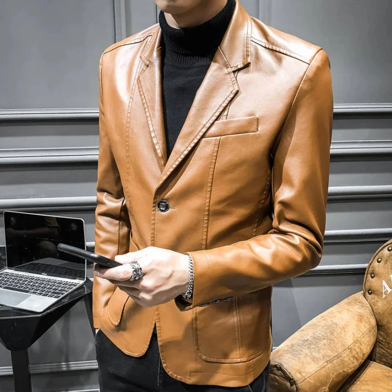 2023 Fashion Slim-Fit Jacket Autumn Winter New Men Business Casual Solid Color Leather Suit Large Size Outwear