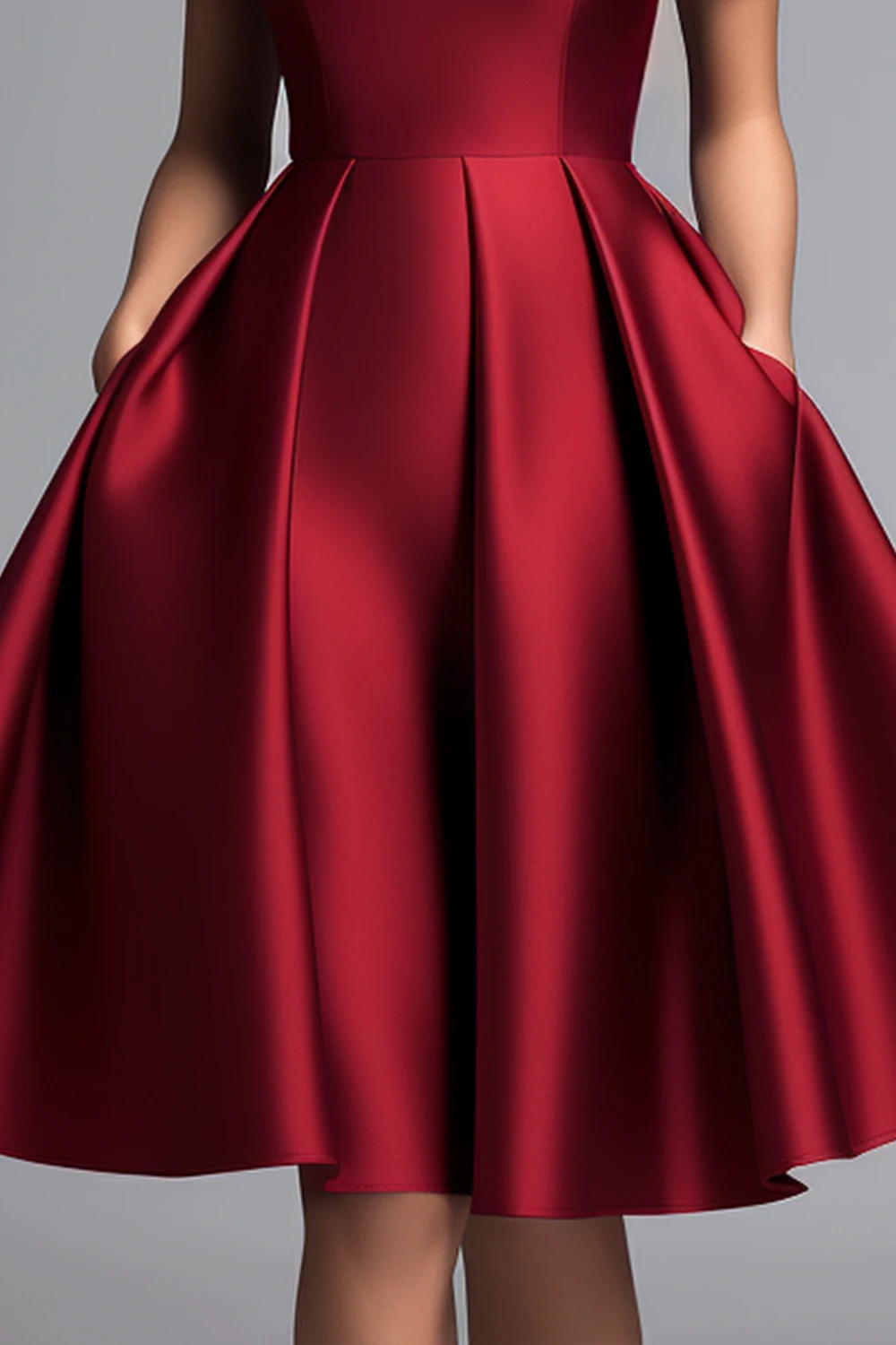 Women's Christmas Semi Formal Red Satin Pocket Midi Dress A-Line Short Sleeve Pleat Ruffles Tea-Length Prom Gown Dress
