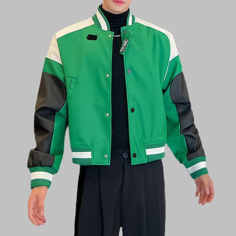 

Retro Men's Bomber Jackets American Style PU Patchwork Streetwear Stand Collar Long Sleeve Casual Sports Crop Baseball Jacket