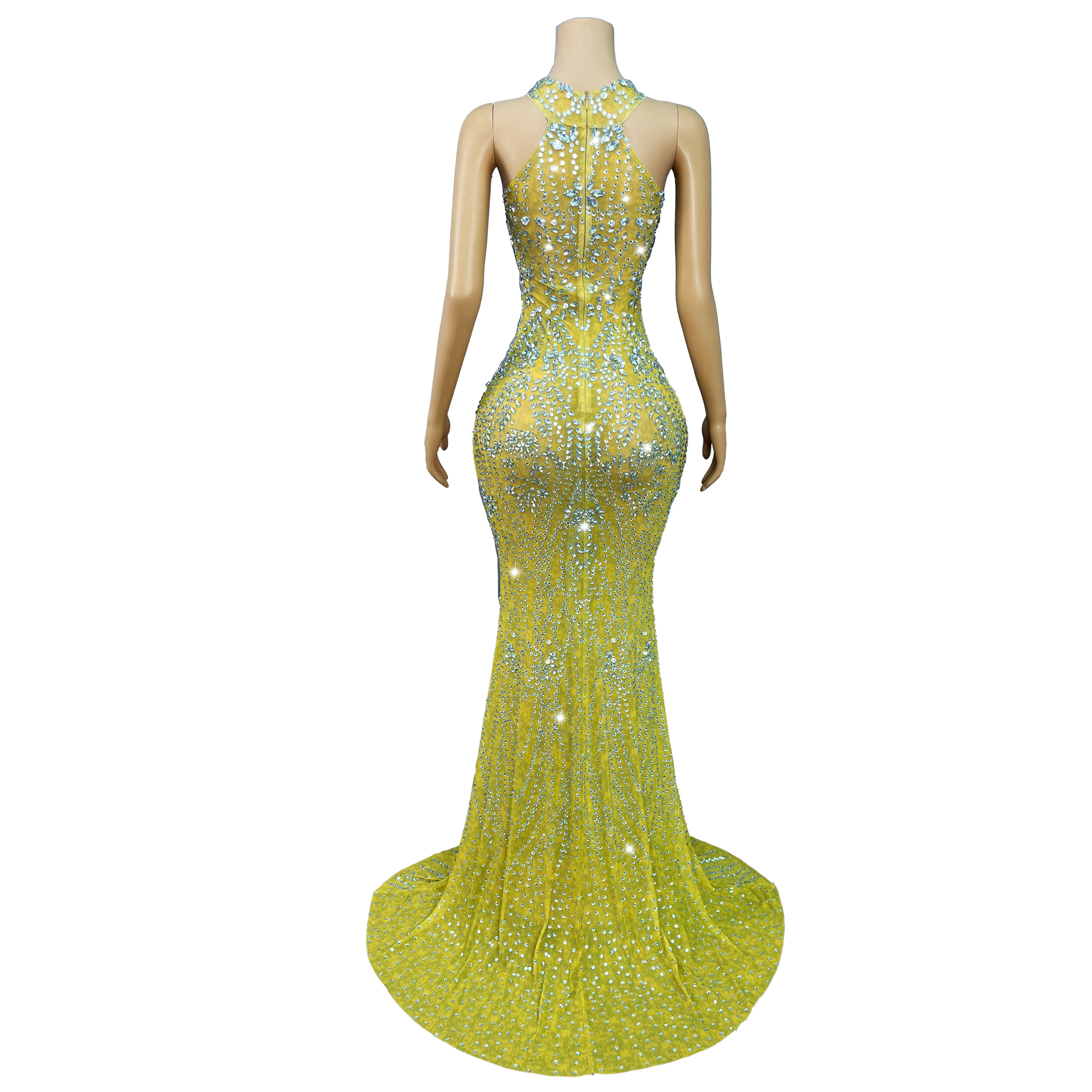 Vestido de cola brillante de gama alta, vestido de malla con adornos de diamantes de imitación pesados, vestido de fiesta de noche, alfombra roja, traje de escenario para espectáculo Jigeng