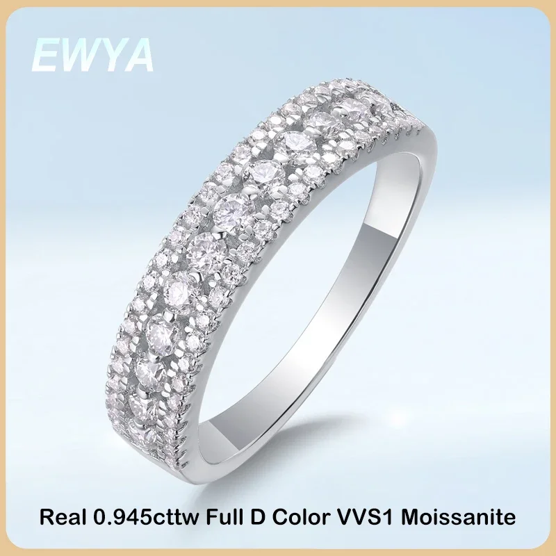 EWYA Luxury 3-Row Full Moissanite Half Eternity Ring For Women S925 Silver Pass Diamond Test Wedding Band Rings Fine Jewelry