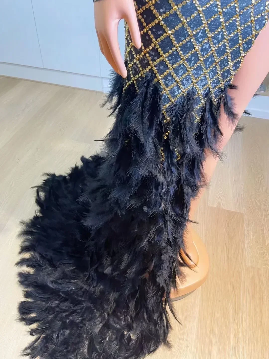 여성용 반짝이는 롱 라인스톤 DJ DS 고고 댄서 드레스 공연 무대 의상 깃털 드랙퀸 코스튬