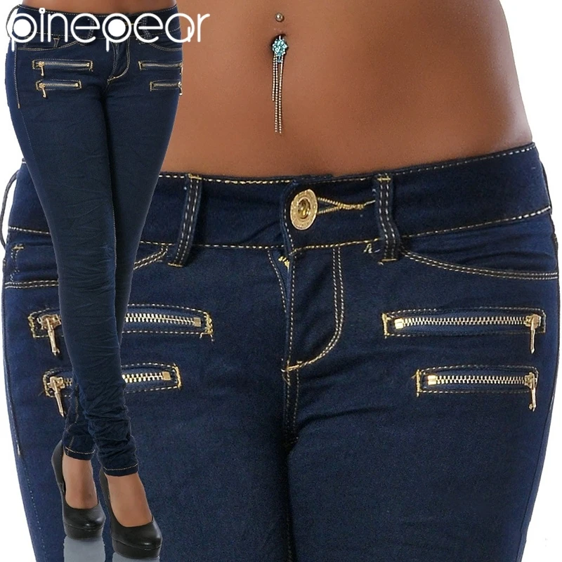 PinePear 2025 Low Waist Pleated Jeans for Women Skinny Blue/Black Pockets Jeans Woman Elastic Slim Jean Female Femme Pants