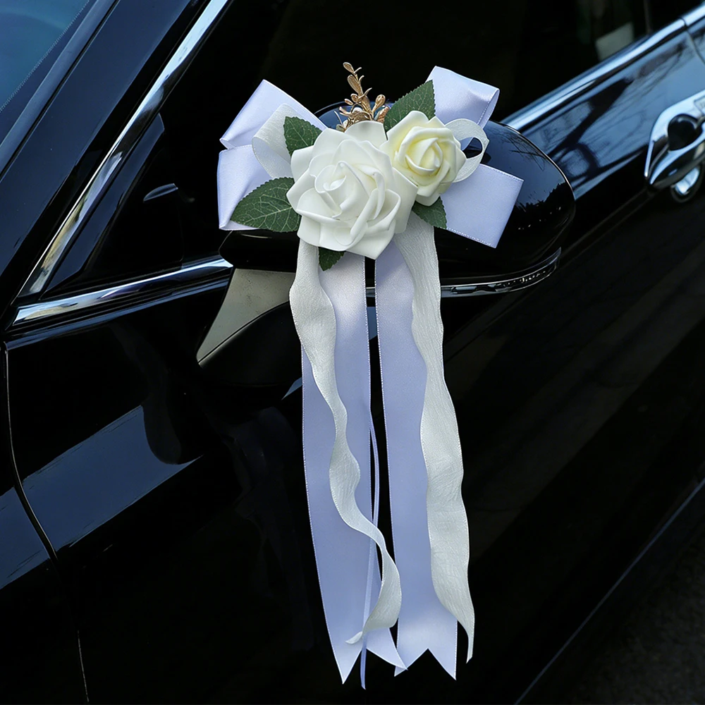 Décoration de voiture de mariage : Nœud de rose blanche, ruban artificiel pour poignée de porte de voiture, ornement pour véhicule nuptial et décoration de fête