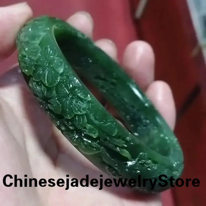 

Grade A Green Jade Bangle Women Healing Gemstone Fine Jewelry Genuine Hetian Jades Nephrite Hand-carved Exquisite Pattern Bangle