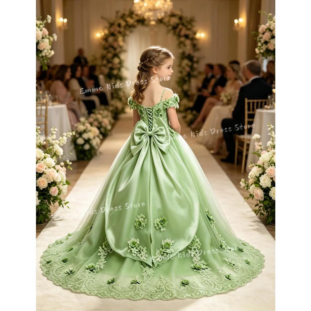 Custom Sage Green Flower Girl Dress Off Shoulder Big Bow 3D Floral Lace Up Back Tulle Gown for Wedding Pageant Kids