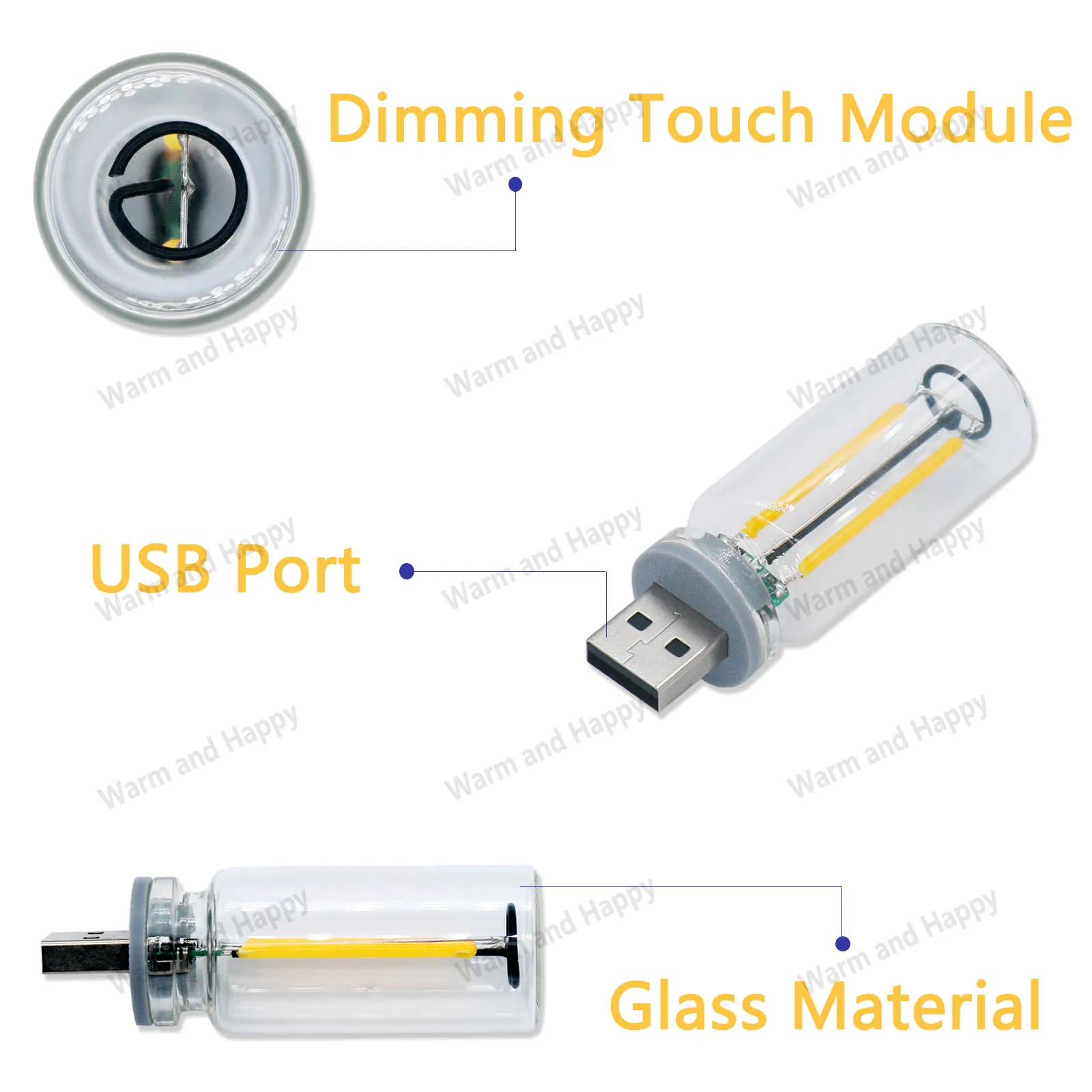 Imagem -03 - Led Retro Edison Lâmpada 0.3w Dc5v Usb Escurecimento Tubo de Toque Fonte Luz Energia Móvel Luz da Noite Luz Cabeceira Portátil