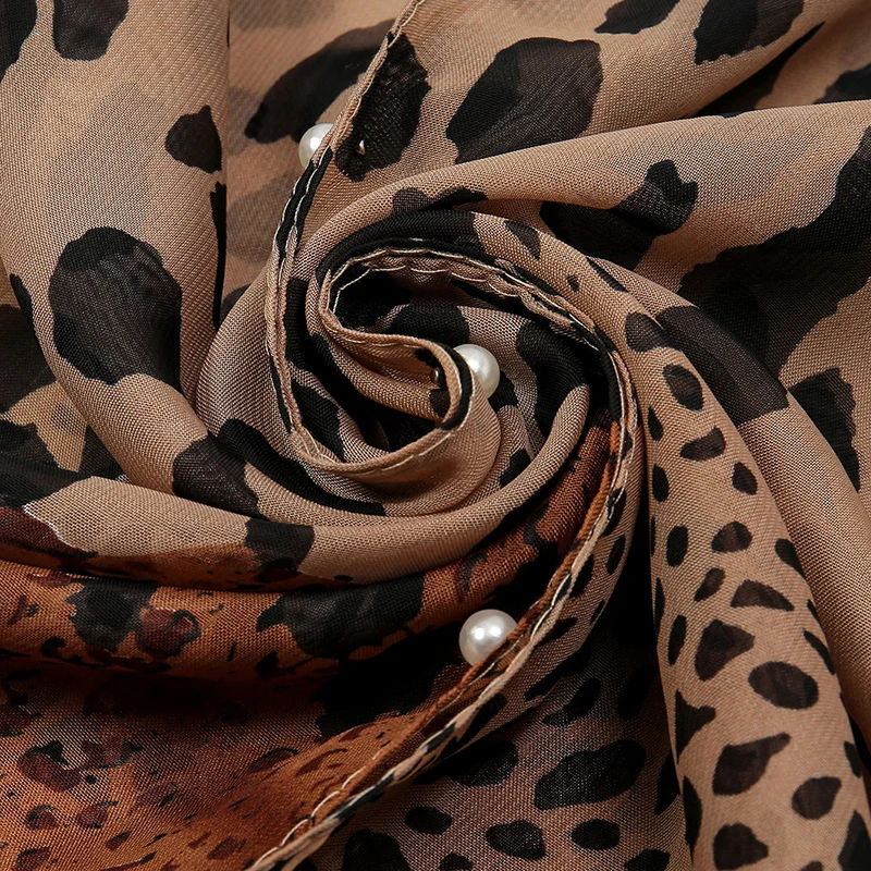 Fashion Printed Leopard Scarf Chiffon Shawl Women Pearl Decorative Shawl Summer Sun Shading Beach Towel 150*100cm