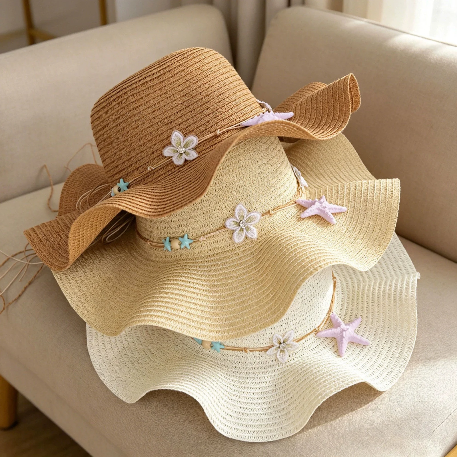 Women’s Handcrafted Starfish and Pearl Straw Hat—French-Style Beach Vacation and Beach Party Hat for Sun Protection