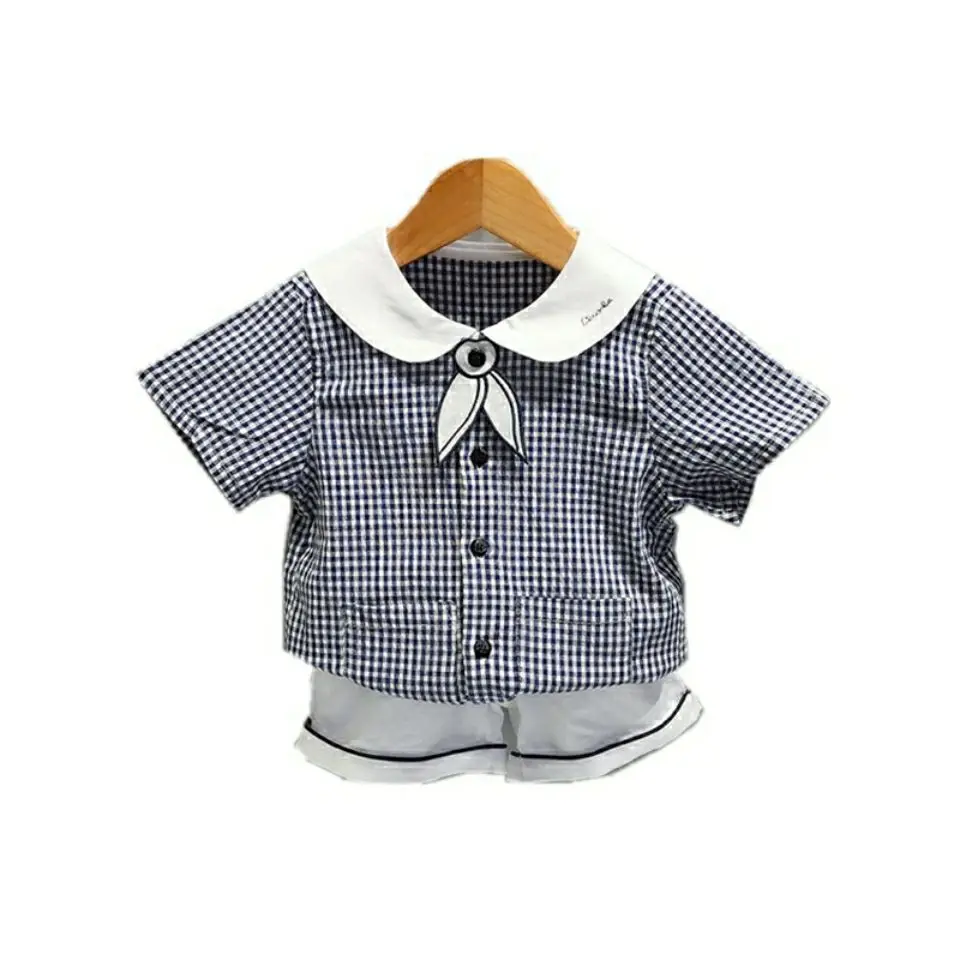 New Summer Children\'s Wear Set Trendy Brother Sister Suit Plaid Boys Cotton Shirt Shorts 2pcs Suit Girl Baby Casual Stripe Dress