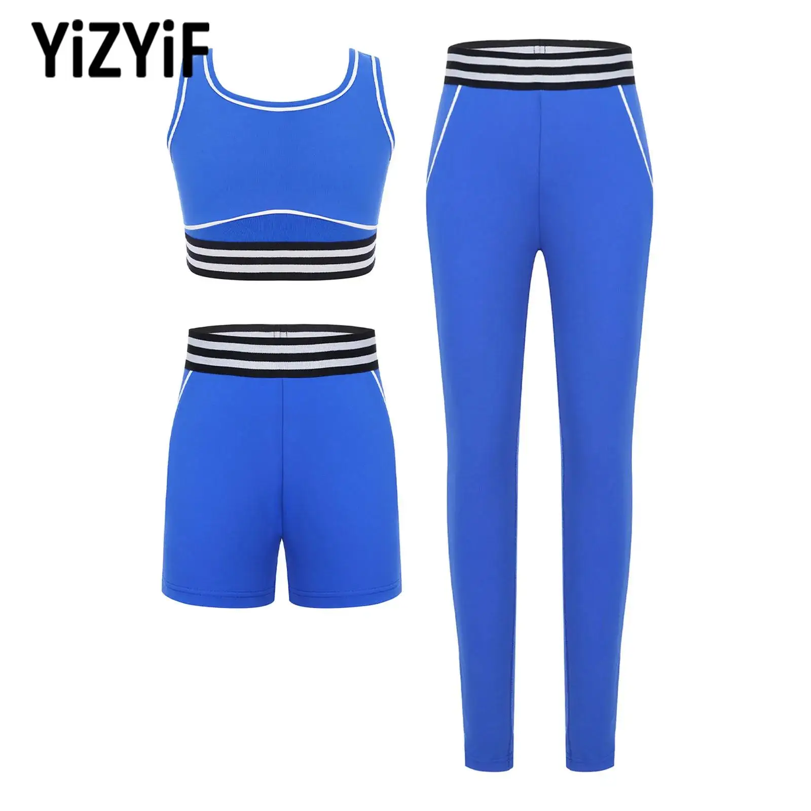 

Children Sleeveless Sports Outfit Girl Yoga Running Cycling Workout Costume Cropped Vest with Shorts And Leggings Sportswear Set