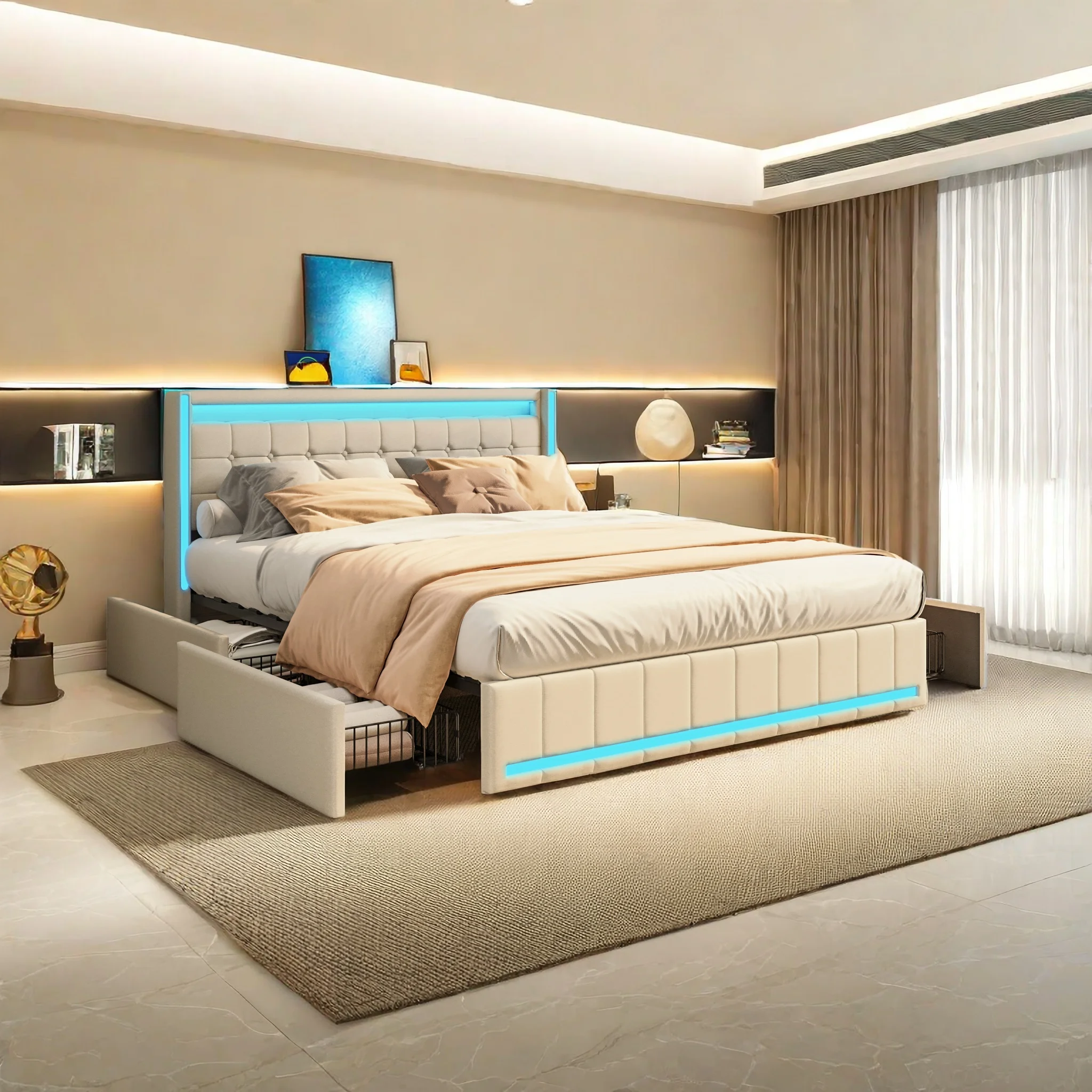 Lit rembourré moderne Fangange, cadre de lit double LED avec 4 tiroirs, 140/160 x 200 cm, avec ports USB, sans matelas