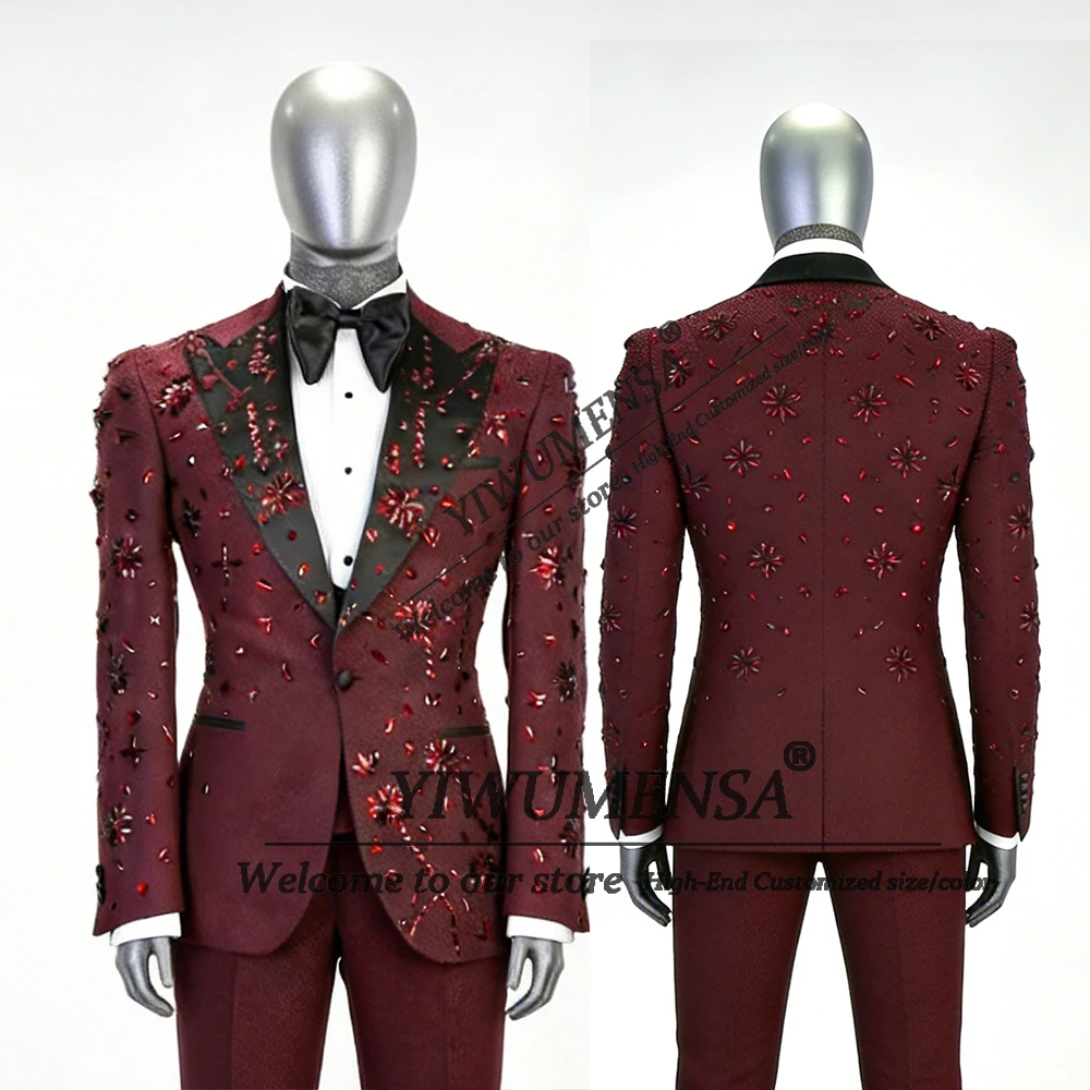 

Блестящие костюмы с бриллиантами и бисером, мужской комплект из 2 предметов, черные пиджаки с остроконечными лацканами для выпускного вечера, индивидуальные смокинги для жениха, банкета, свадьбы, обтягивающие