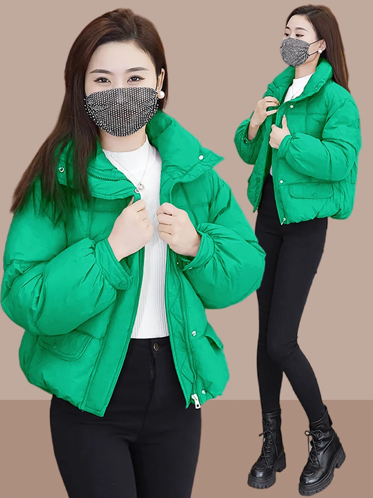 Winter Short down Cotton Jacket Women's Fashion Small Size Quilted Coat Korean Style Zipper Closure Long Sleeve Pure Color