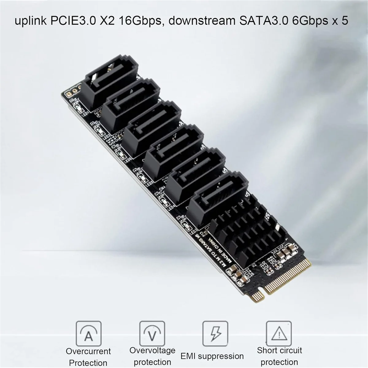 A39U M.2 to SATA3.0 Adapter Card, PCB 6Gbps High Speed ASM1166 M.2 PCIE to SATA Expansion Card Support 6 SATA Devices