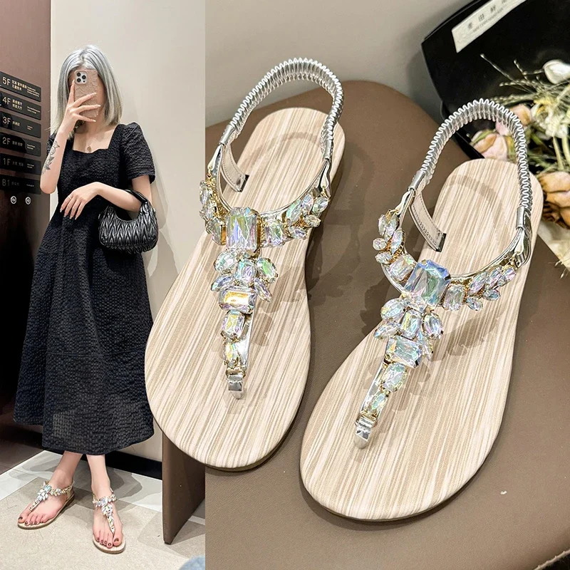 Sandalias de estilo Hada para mujer, zapatos de playa romanos con punta redonda y diamantes de imitación, con fondo plano, estilo bohemio, vacaciones en la playa