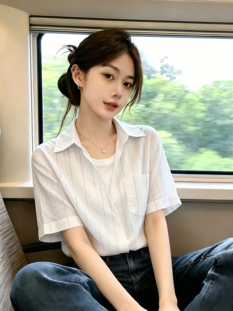 

Summer New Loose Casual Stripe Pattern Women's Short Sleeve Shirt Stand Collar Neck Self-Kept Style Korean Style Silk Top